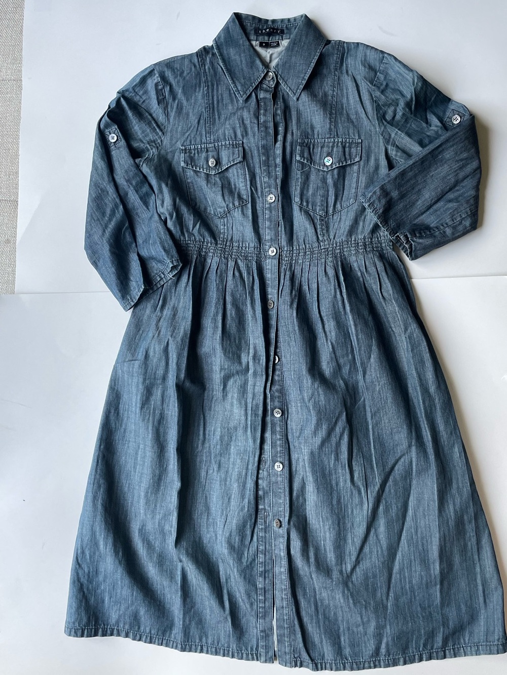 Theory Chambray Shirt Dress 100% Cotton | Slate Blue Utility Midi Dress - Picture 8 of 8